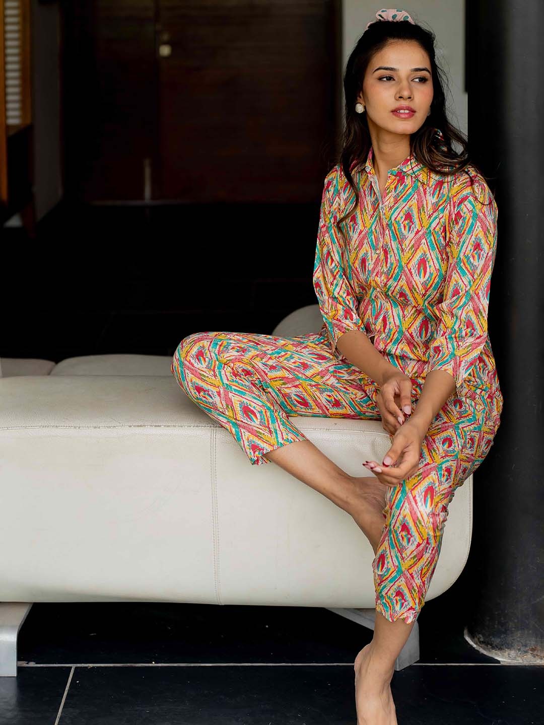 

KALINI Foil Floral Printed Shirt & Trousers, Off white