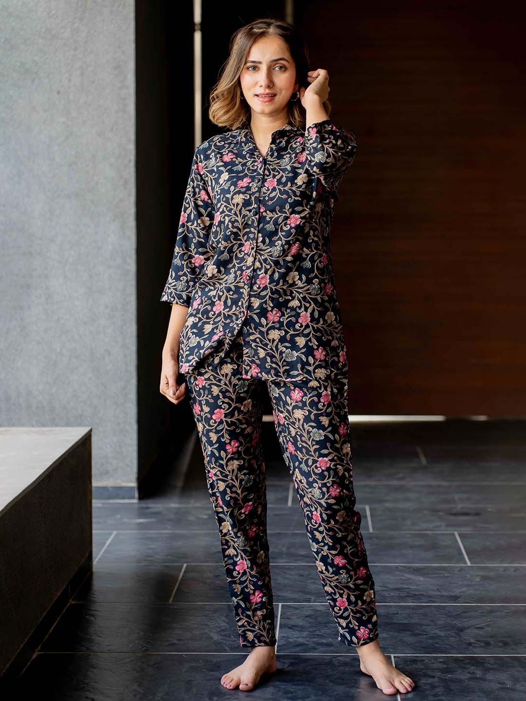 

KALINI Foil Floral Printed Shirt & Trousers, Navy blue