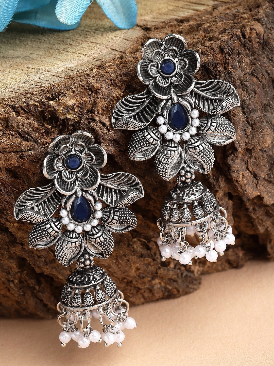 

KARATCART Silver Plated Kundan Studded Oxidised Jhumkas, Blue