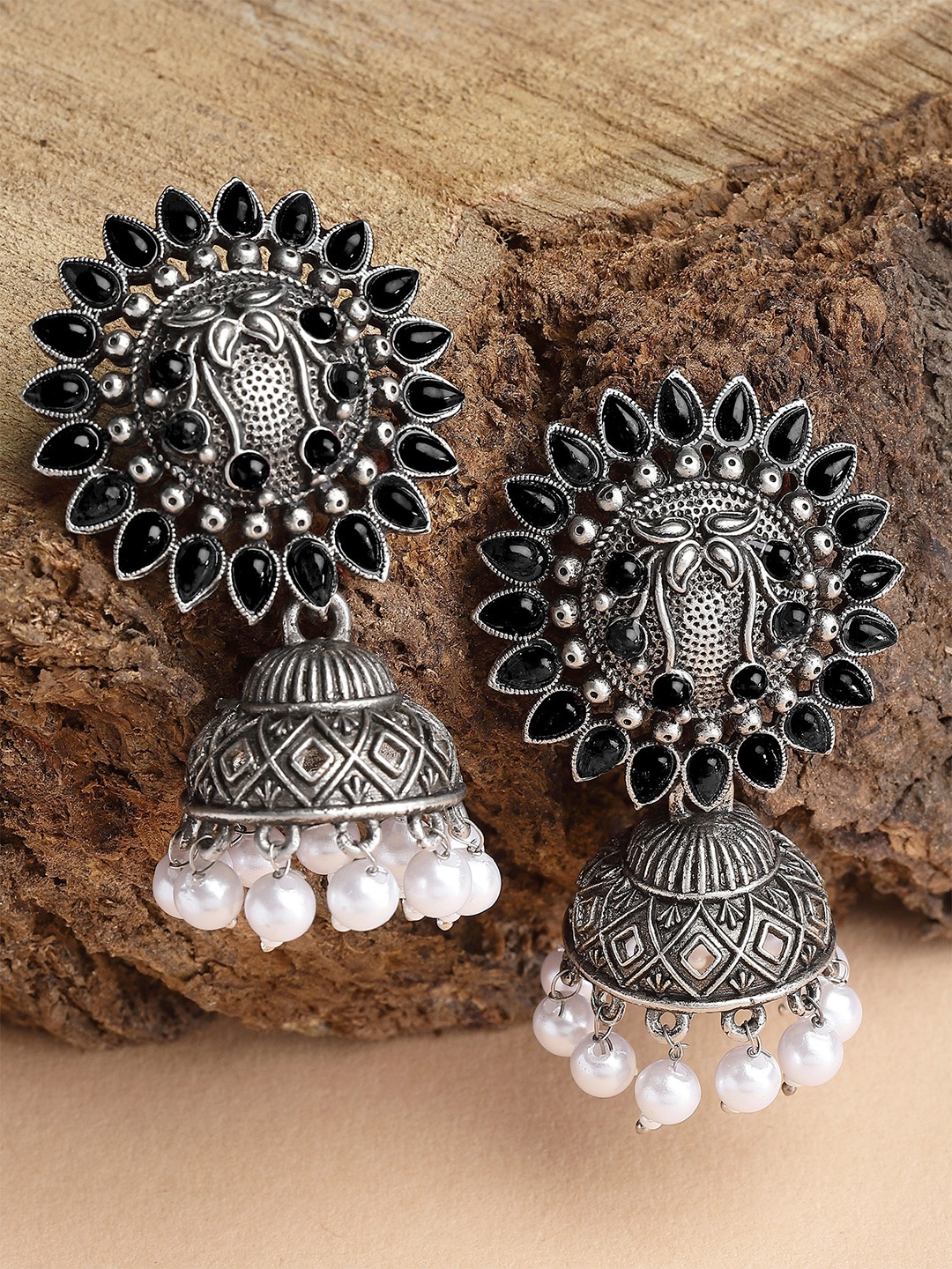 

KARATCART Silver Plated Oxidised Stone Studded And Beaded Jhumkas