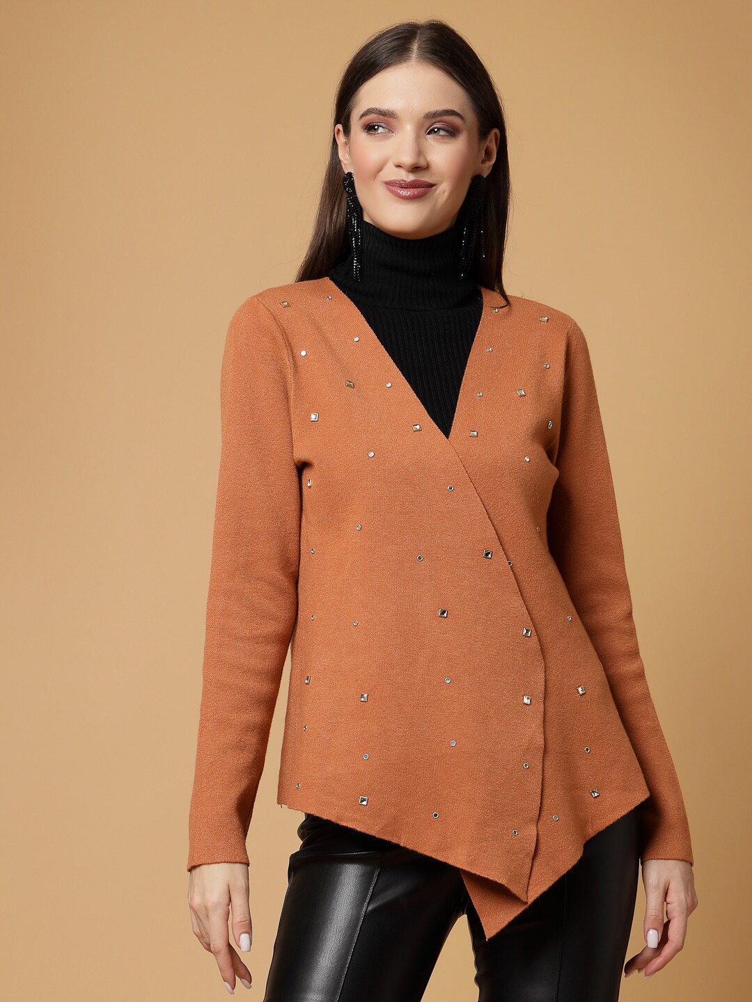 

Mafadeny Self Design Embellished Open Front Shrug, Coffee brown