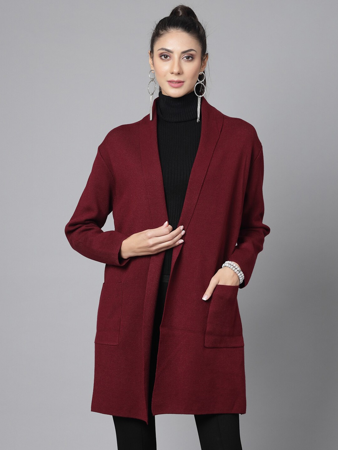 

Mafadeny Longline Open Front Shrug, Maroon