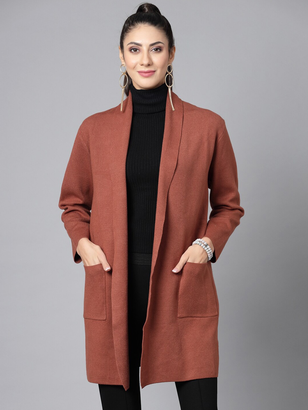 

Mafadeny Women Long Sleeves Open Front Longline Shrug, Brown