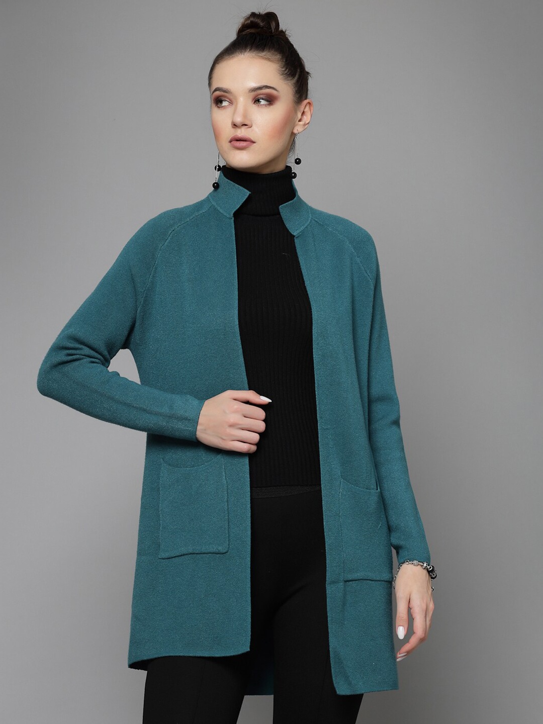 

Mafadeny Women Long Sleeves Open Front Longline Shrug, Blue