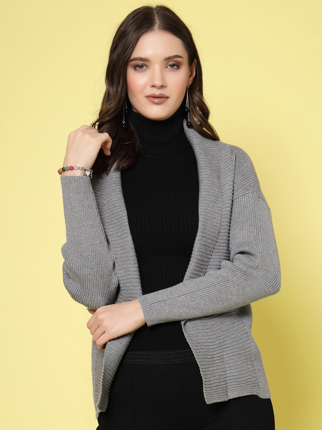 

Mafadeny Shawl Collar Open Front Shrug, Grey