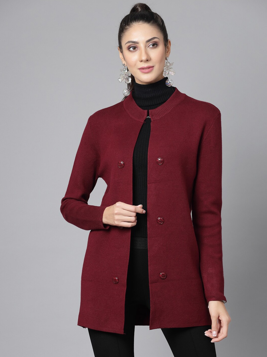 

Mafadeny Solid Knitted Longline Coat, Maroon