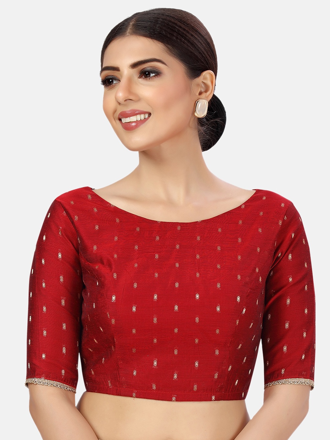 

Studio Shringaar Woven Design Boat Neck Chanderi Silk Saree Blouse, Maroon