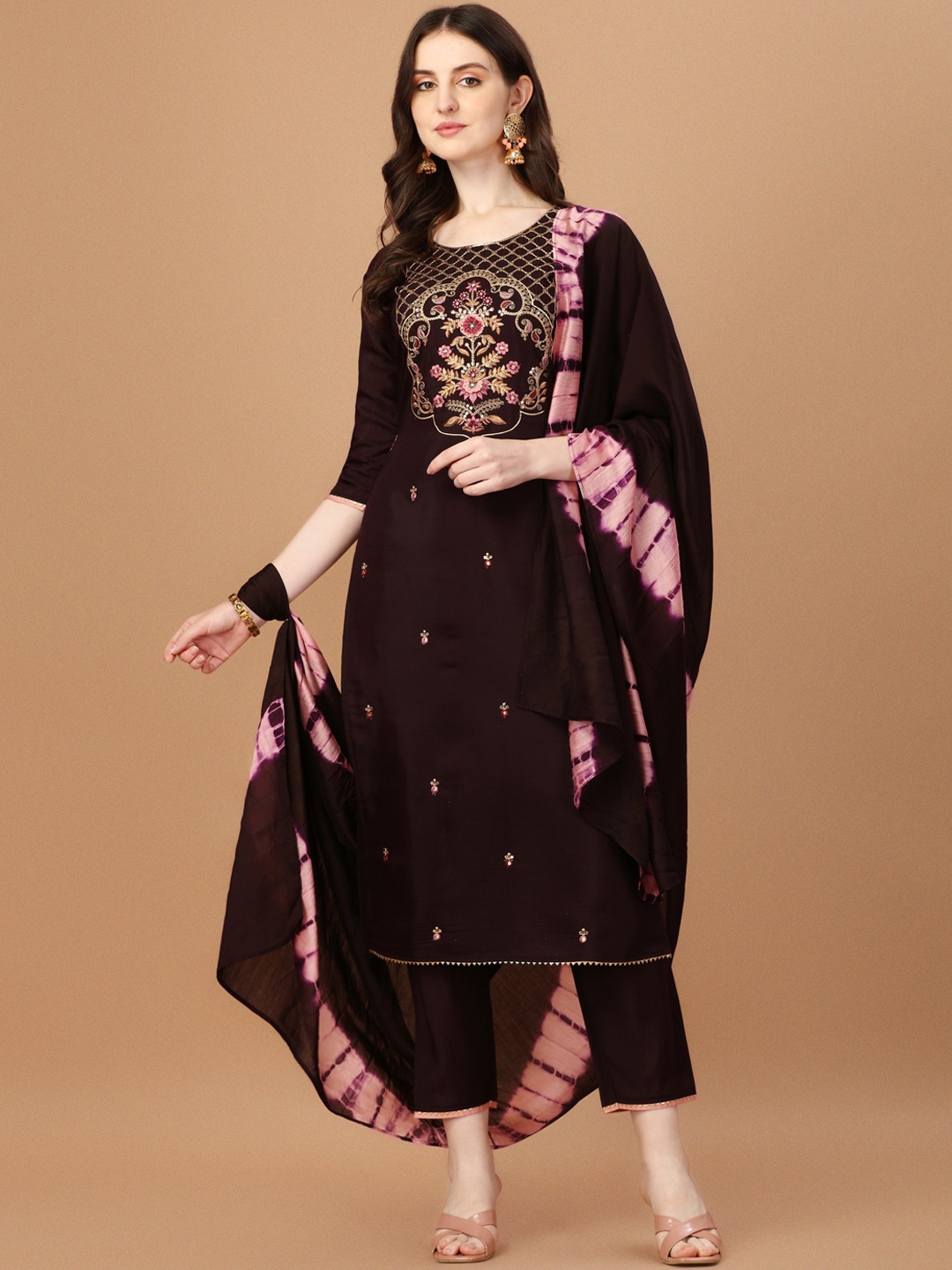 

KALINI Floral Embroidered Regular Chanderi Cotton Kurta with Trousers & Dupatta, Burgundy