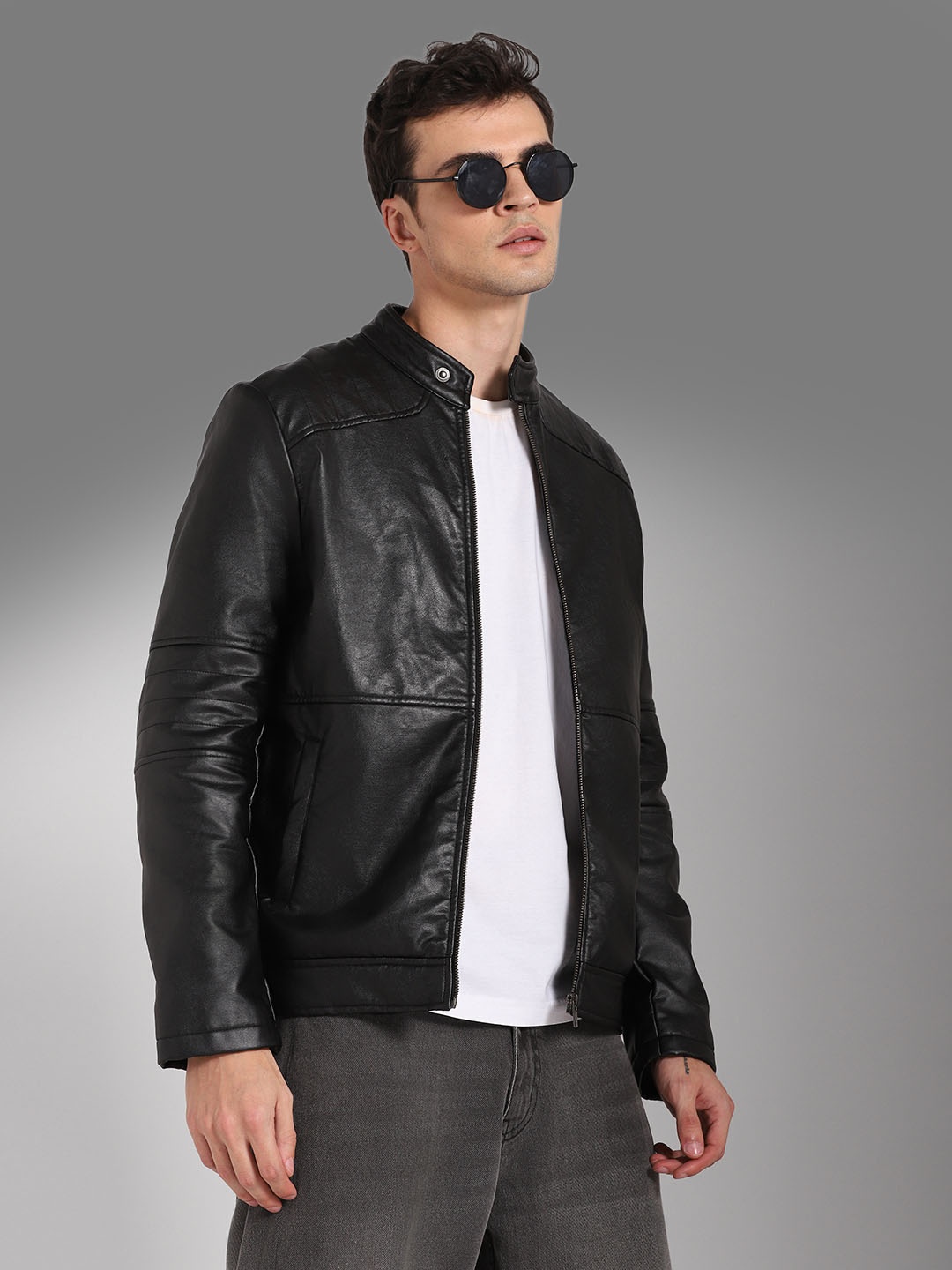 

High Star Stand Collar Long Sleeves PU Biker Jacket, Black