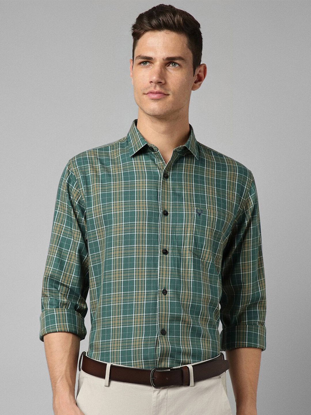 

Allen Solly Slim Fit Tartan Checked Opaque Pure Cotton Formal Shirt, Green