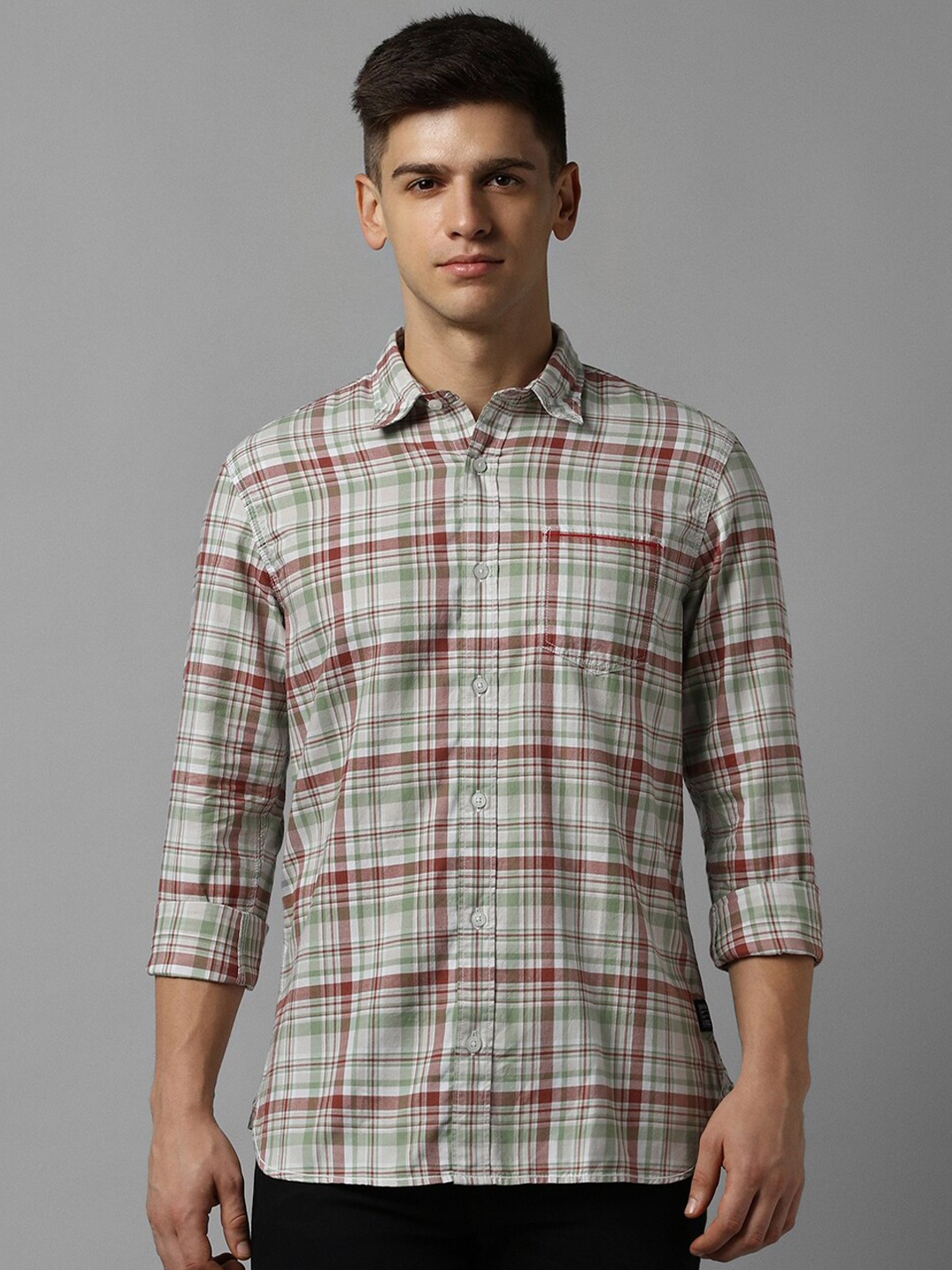 

Allen Solly Slim Fit Tartan Checked Spread Collar Pure Cotton Casual Shirt, Green