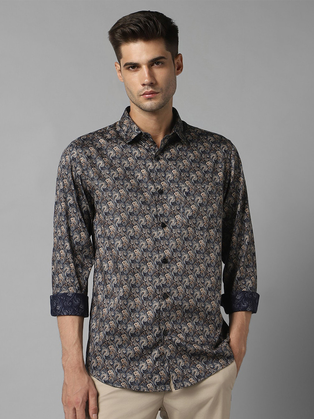 

Allen Solly Slim Fit Ethnic Motif Printed Pure Cotton Casual Shirt, Navy blue