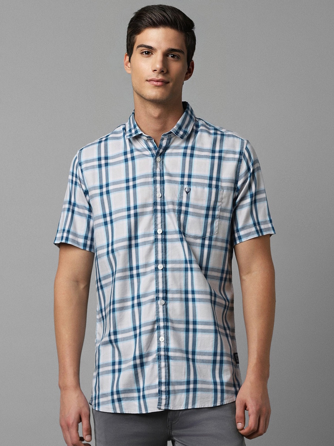 

Allen Solly Checked Spread Collar Short Sleeve Cotton Casual Shirt, Grey