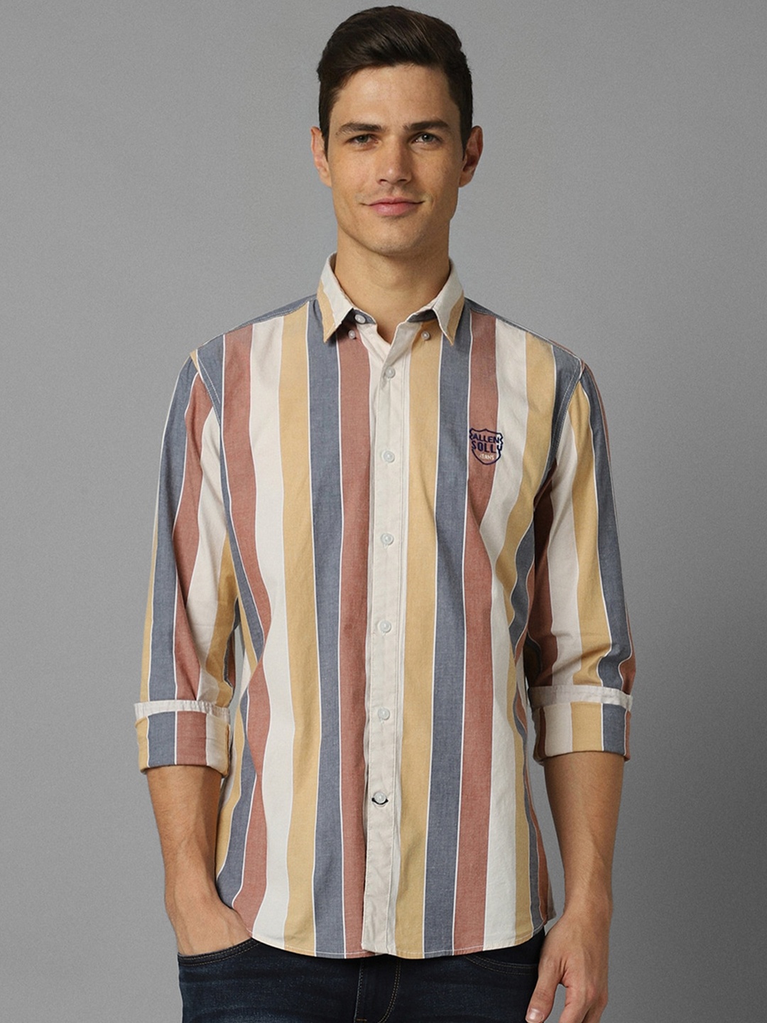 

Allen Solly Slim Fit Vertical Striped Spread Collar Casual Shirt, Beige