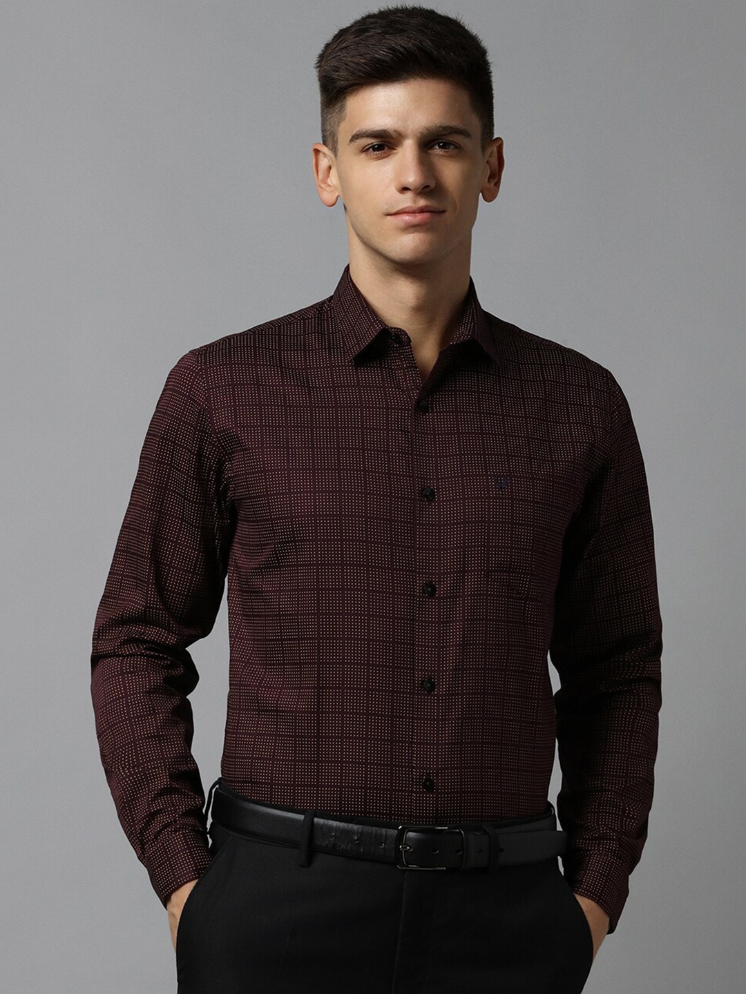 

Allen Solly Polka Dots Checked Printed Slim Fit Pure Cotton Formal Shirt, Brown