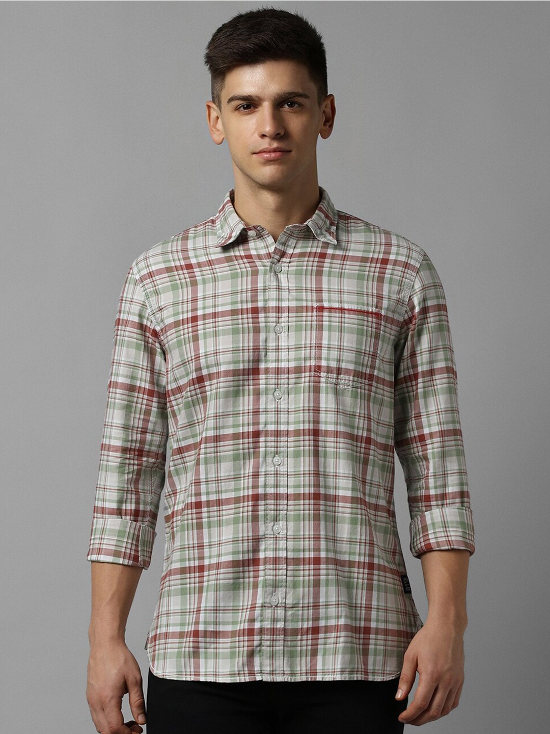 

Allen Solly Slim Fit Tartan Checked Spread Collar Pure Cotton Casual Shirt, Green