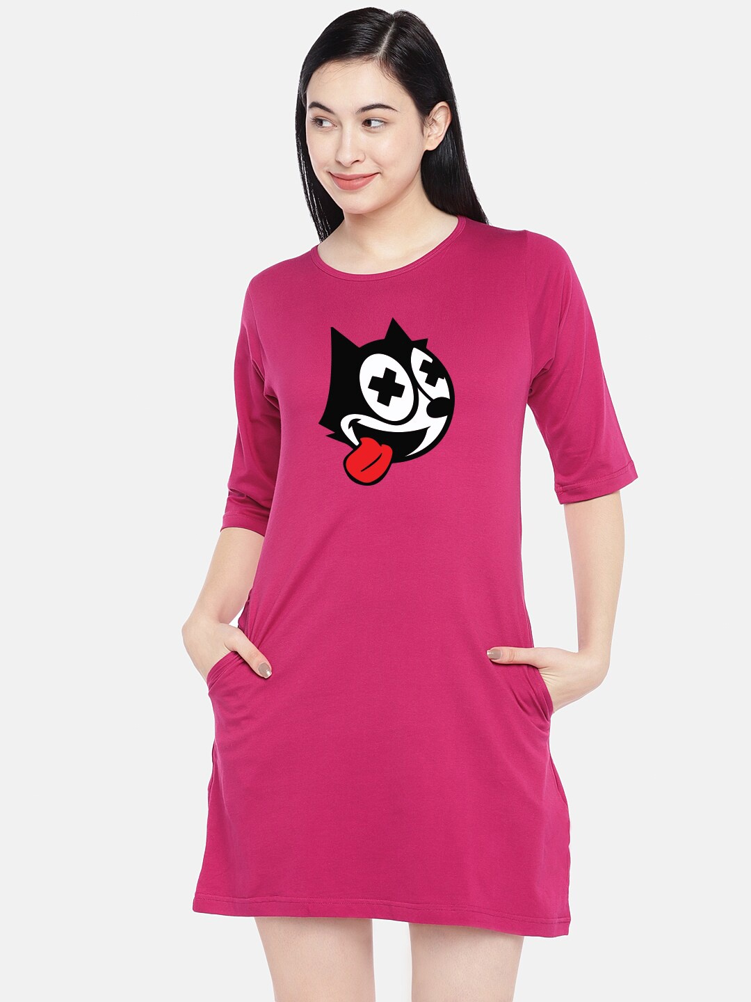 

STATUS MANTRA Graphic Print Pure Cotton T-shirt Dress, Purple