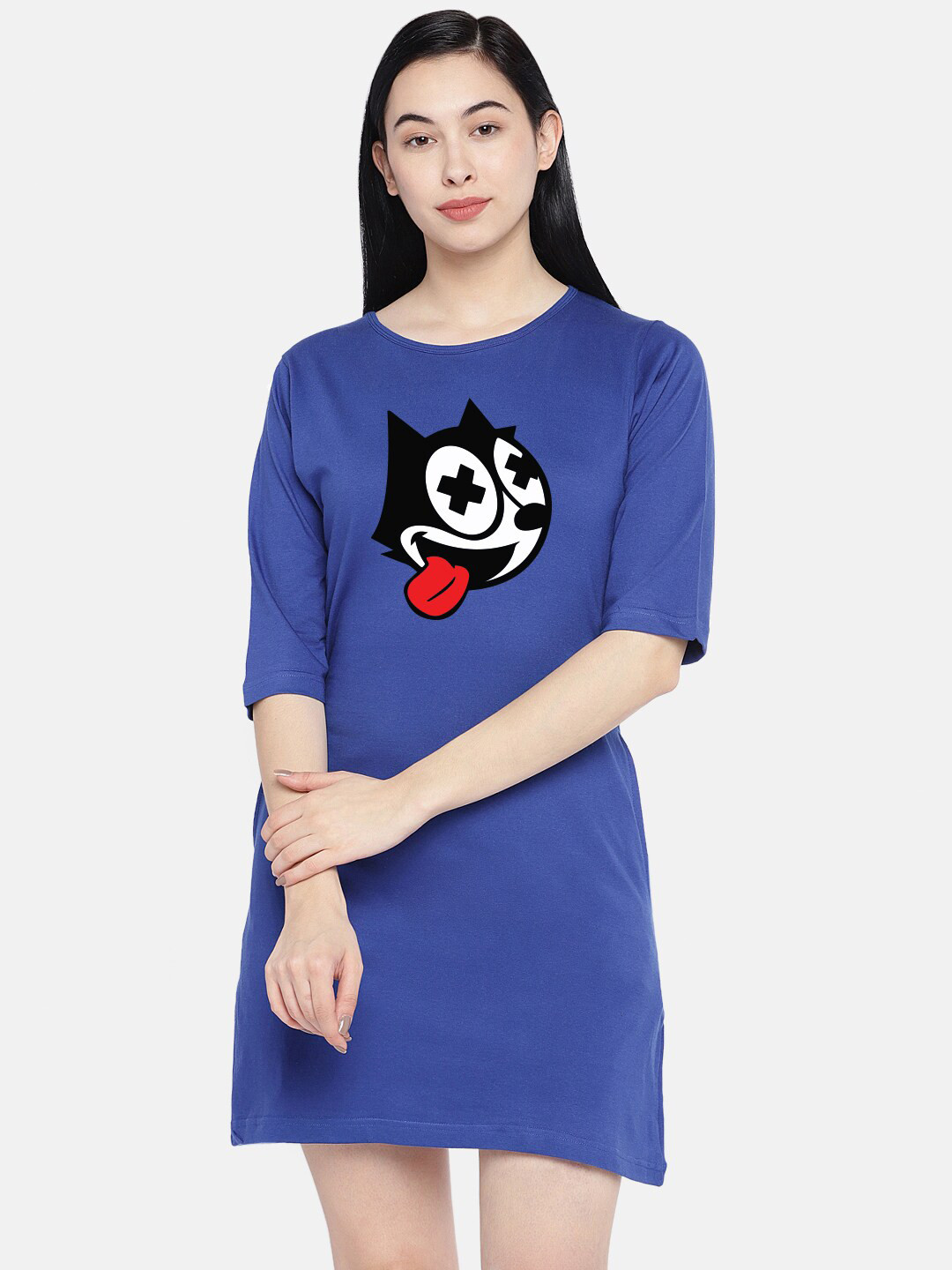 

STATUS MANTRA Graphic Print Pure Cotton T-shirt Dress, Blue