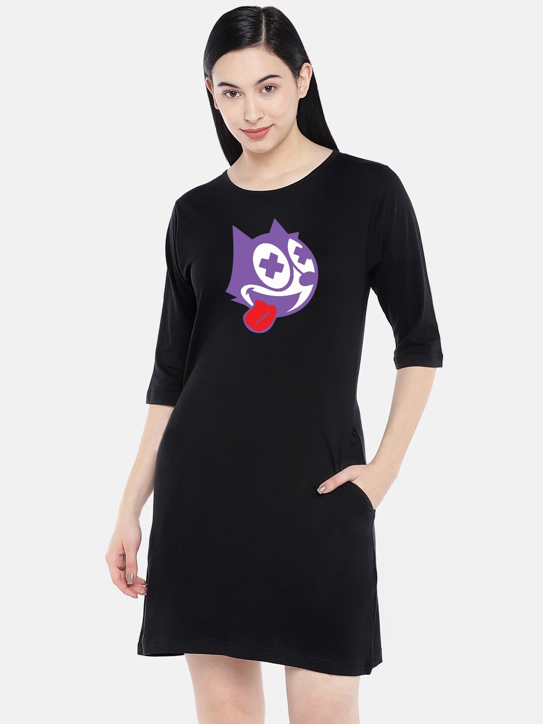 

STATUS MANTRA Graphic Print Pure Cotton T-shirt Dress, Black