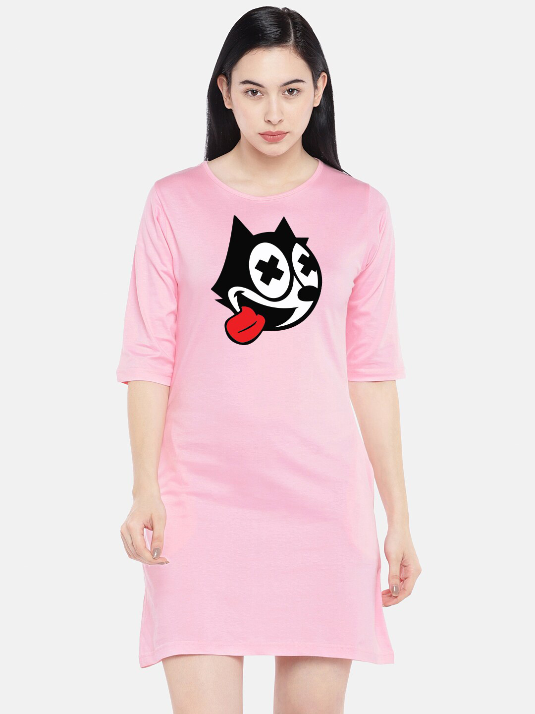 

STATUS MANTRA Graphic Print Pure Cotton T-shirt Dress, Pink