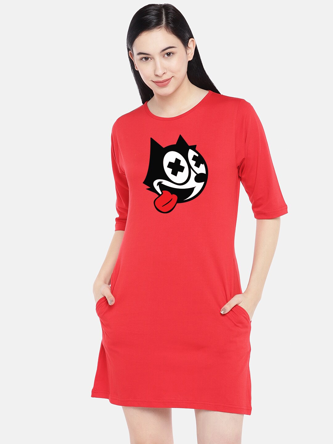 

STATUS MANTRA Graphic Print Pure Cotton T-shirt Dress, Red