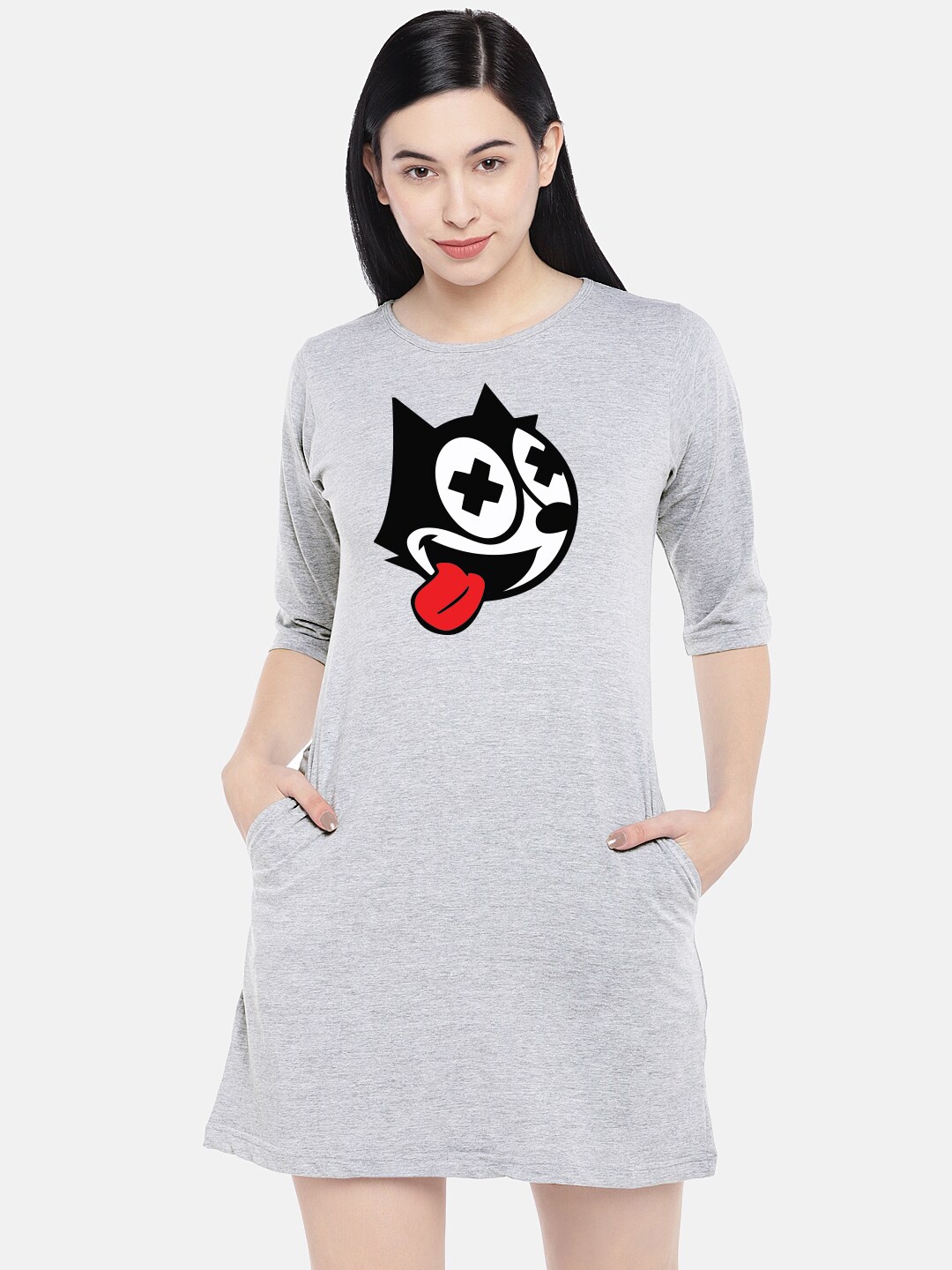 

STATUS MANTRA Graphic Print Pure Cotton T-shirt Dress, Grey