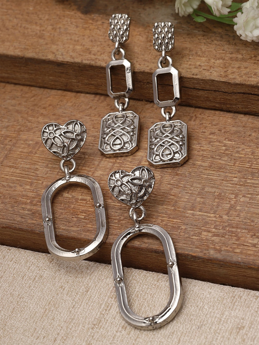 

Bohey by KARATCART Set Of 2 Silver Plated Contemporary Drop Earrings