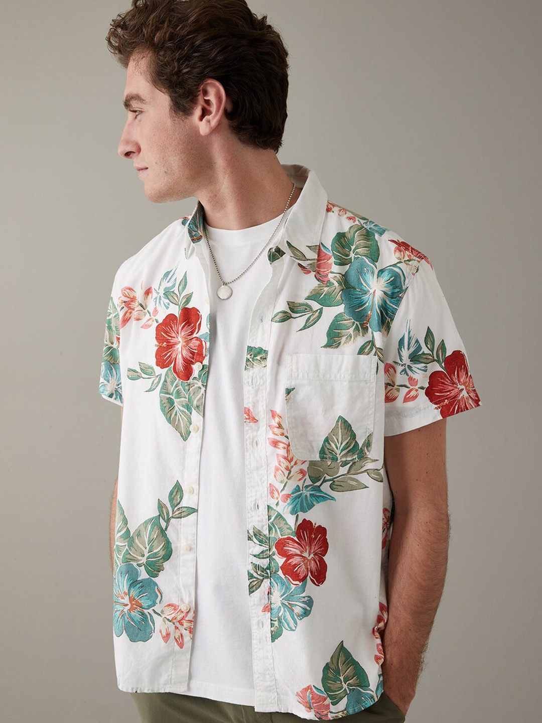 

AMERICAN EAGLE OUTFITTERS Floral Printed Cotton Linen Casual Shirt, White