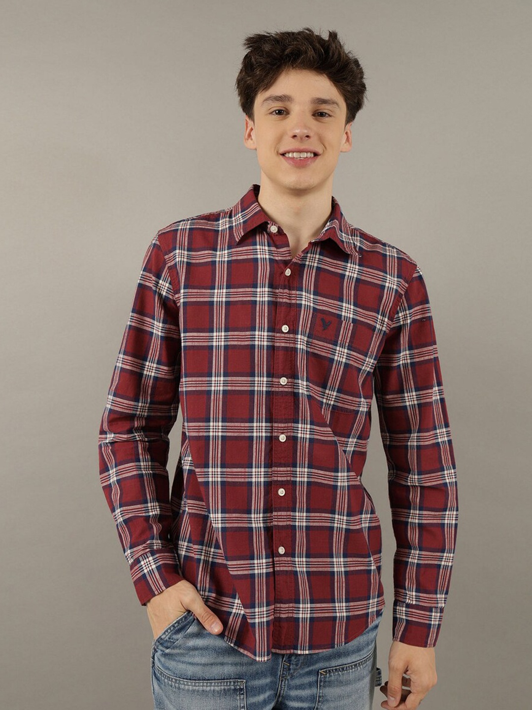 

AMERICAN EAGLE OUTFITTERS Tartan Checked Pure Cotton Casual Shirt, Burgundy