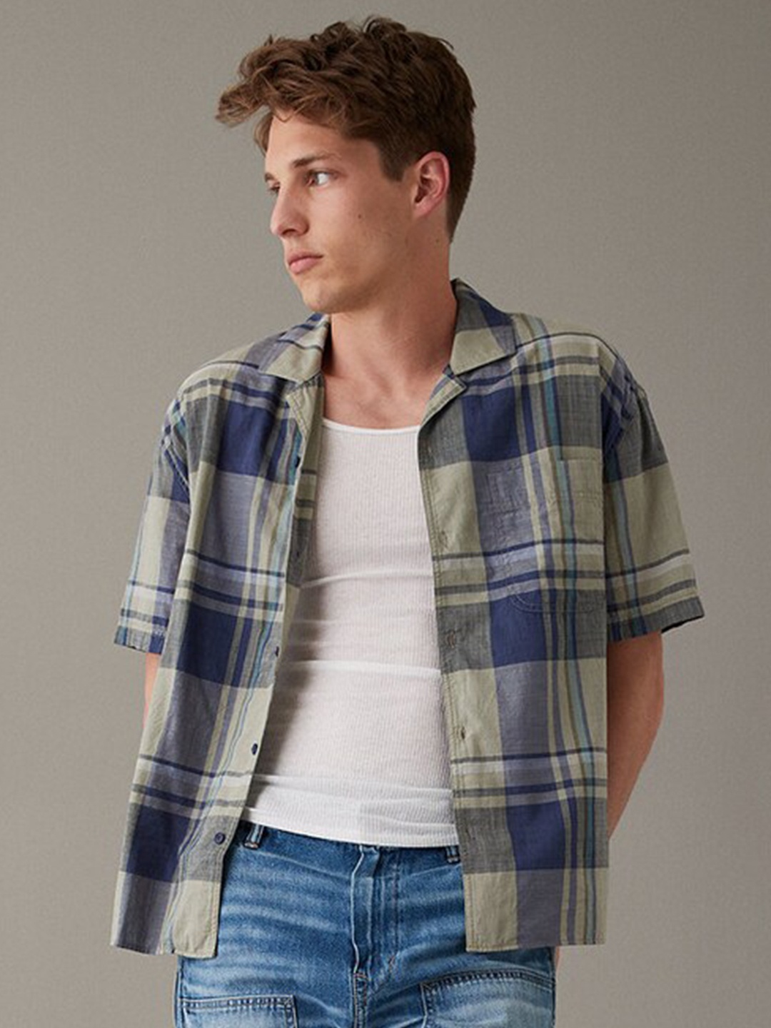 

AMERICAN EAGLE OUTFITTERS Tartan Checks Spread Collar Cotton Casual Shirt, Green