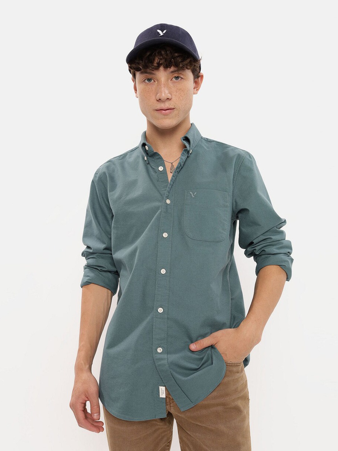 

AMERICAN EAGLE OUTFITTERS Button-Down Collar Cotton Casual Shirt, Green