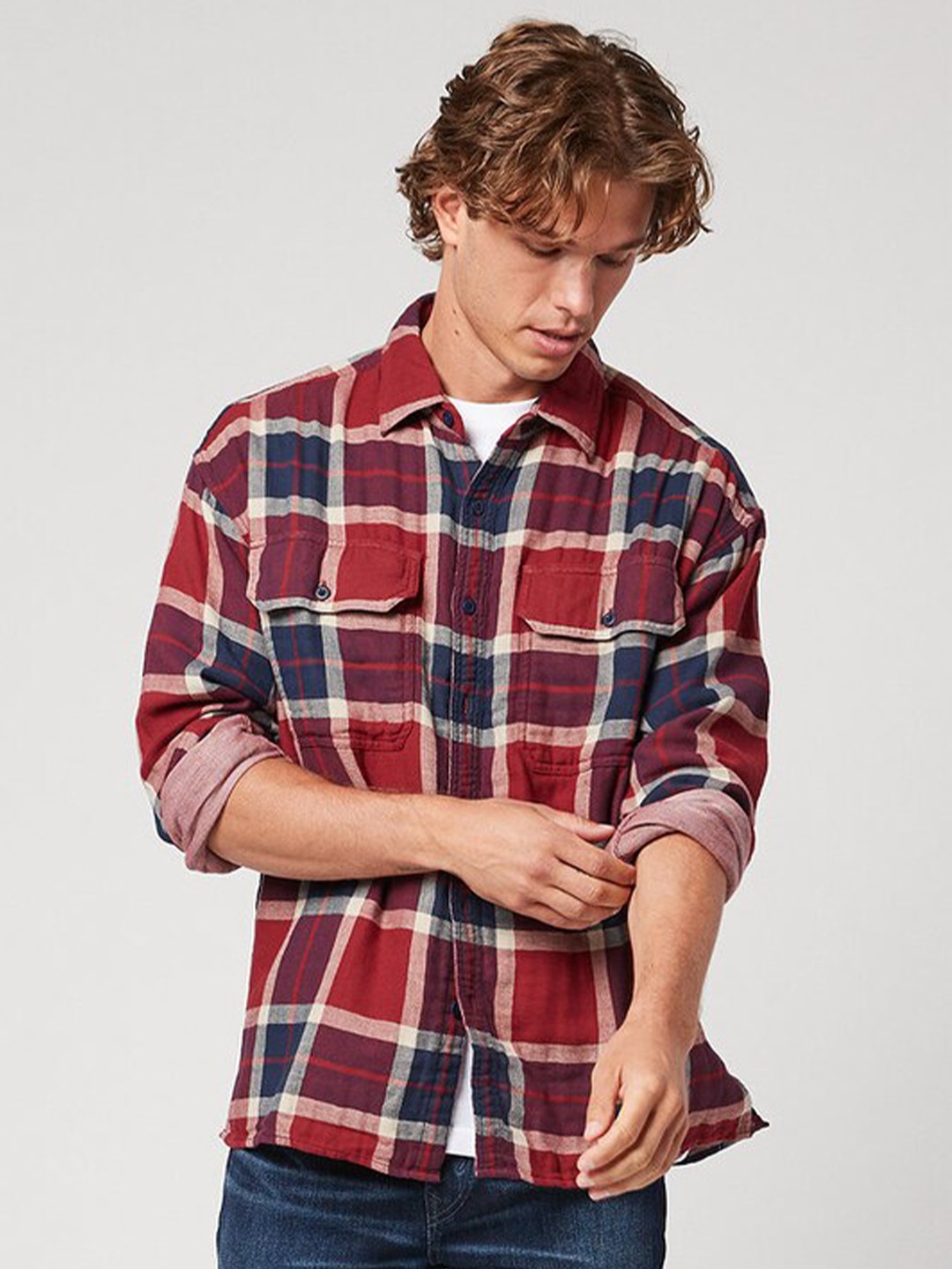 

AMERICAN EAGLE OUTFITTERS Tartan Checks Spread Collar Cotton Casual Shirt, Maroon