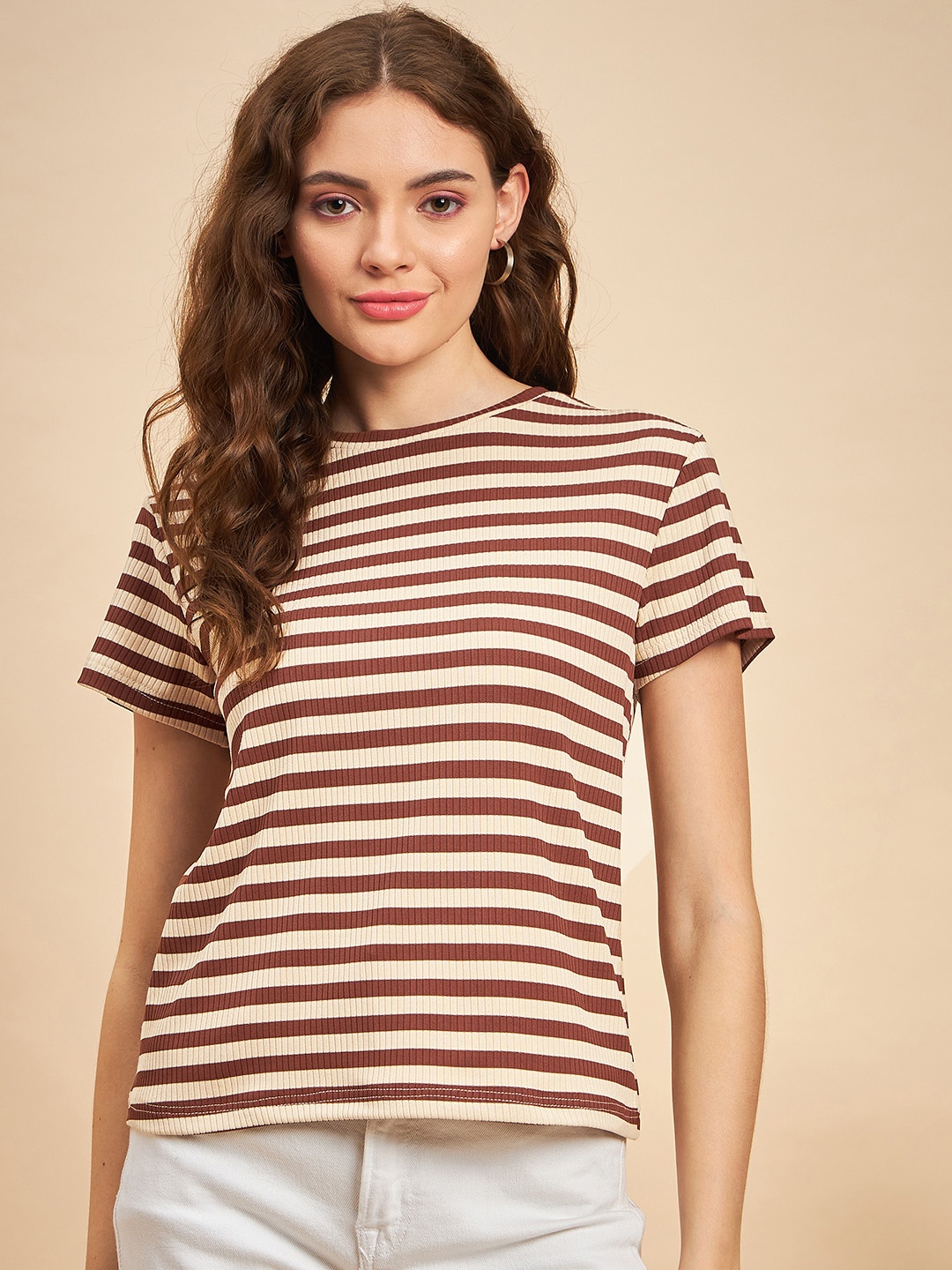 

MINT STREET Striped Round Neck Top, Brown