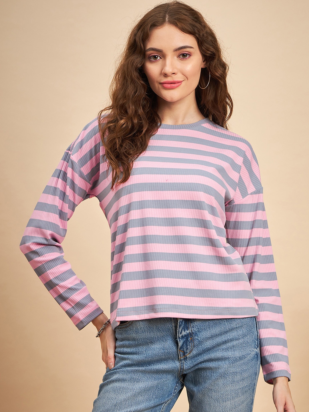 

MINT STREET Striped Pullover Sweatshirt, Pink