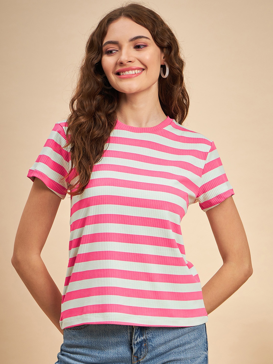 

MINT STREET Striped Round Neck Top, Pink