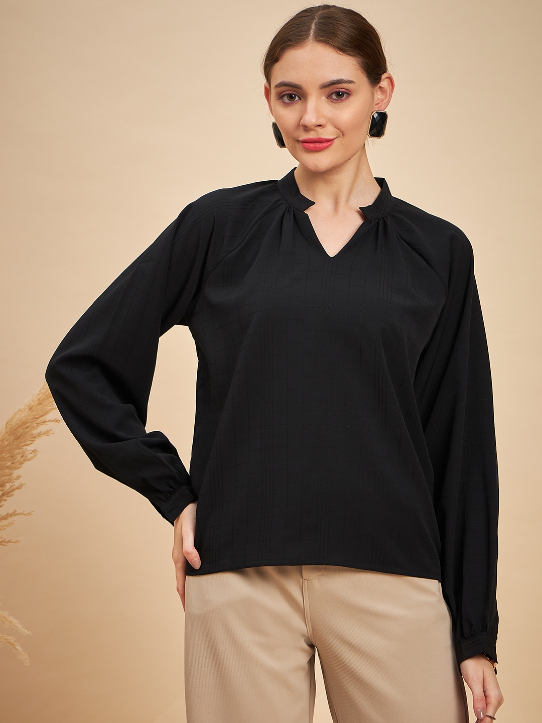 

MINT STREET Self Design Mandarin Collar Top, Black