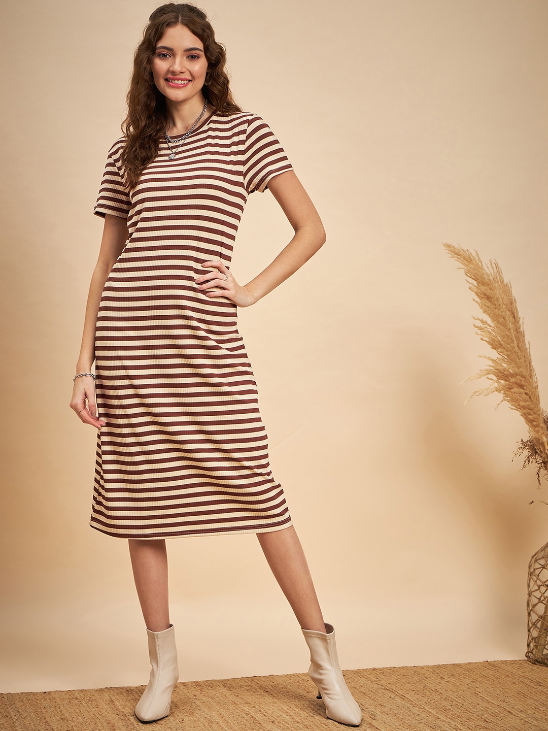 

MINT STREET Striped A-Line Dress, Brown