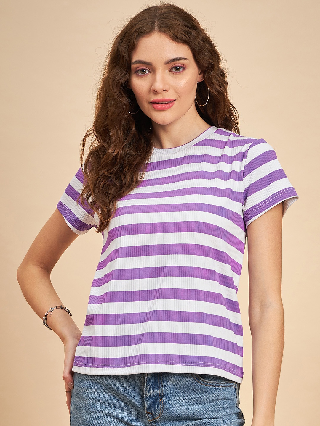 

MINT STREET Striped Round Neck Top, Purple
