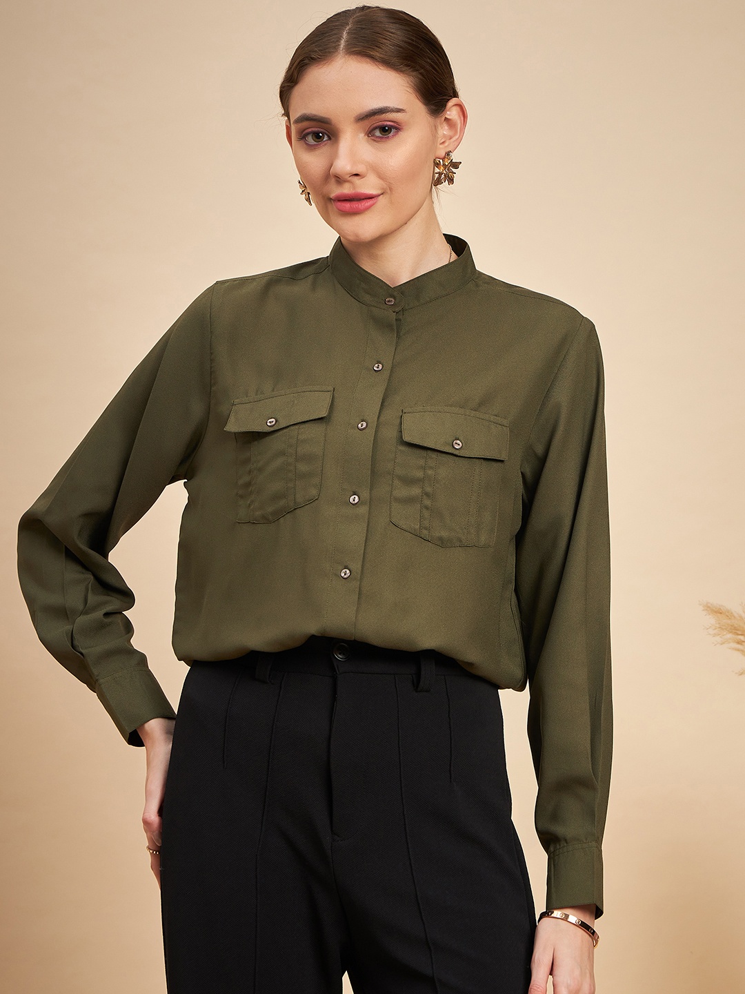 

MINT STREET Comfort Boxy Opaque Band Collar Casual Shirt, Olive