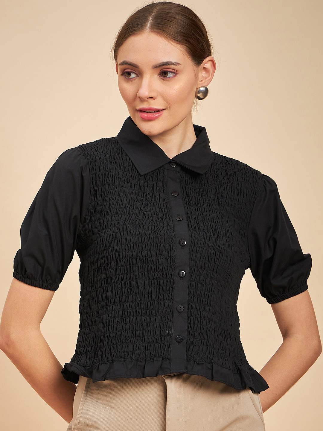 

MINT STREET Shirt Collar Smocking Cotton Shirt Style Top, Black