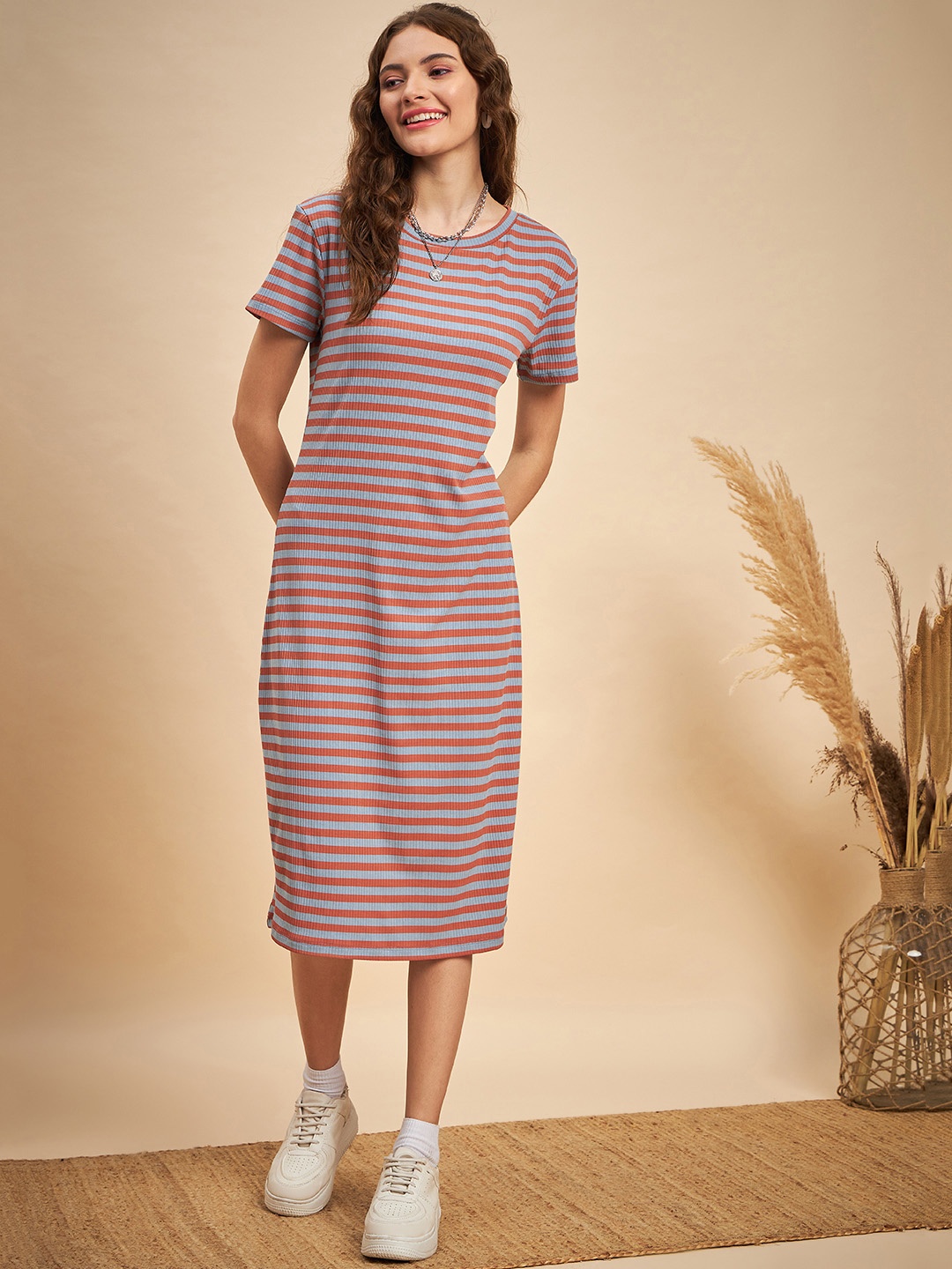 

MINT STREET Striped A-Line Dress, Maroon