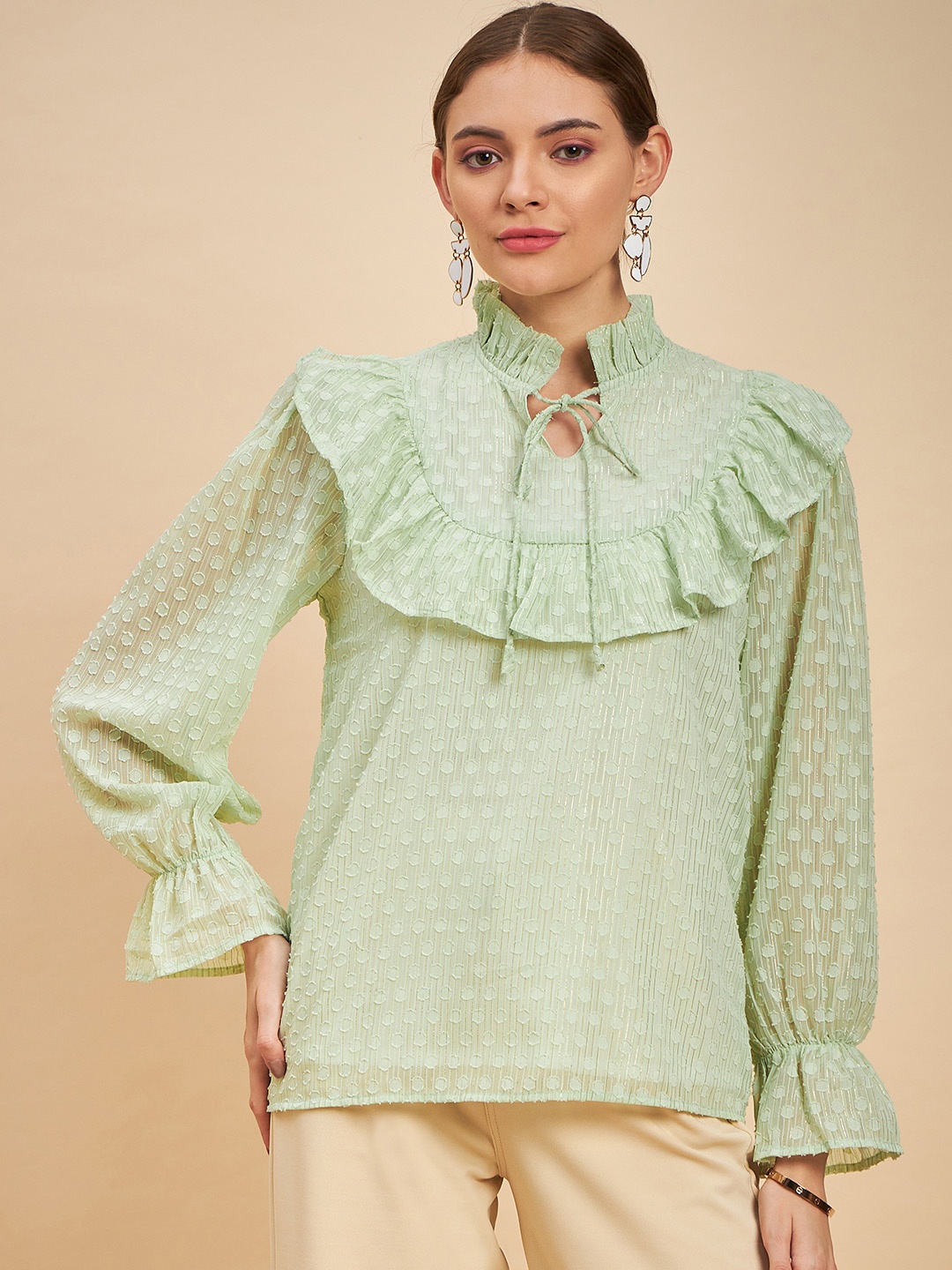 

MINT STREET Self Design Tie-Up Neck Ruffles Puff Sleeve Top, Green