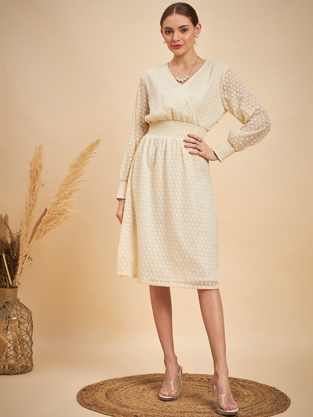 

MINT STREET Polka Dot Print Georgette Empire Dress, Beige