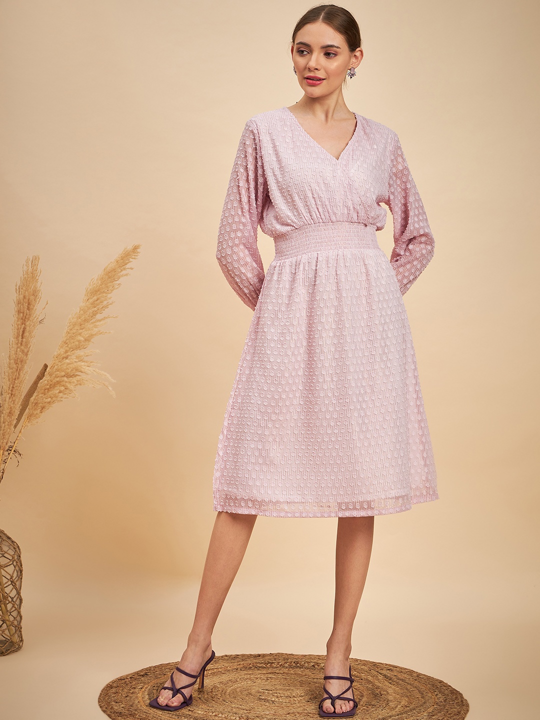 

MINT STREET Self Design Smocked Georgette Fit And Flare Dress, Pink