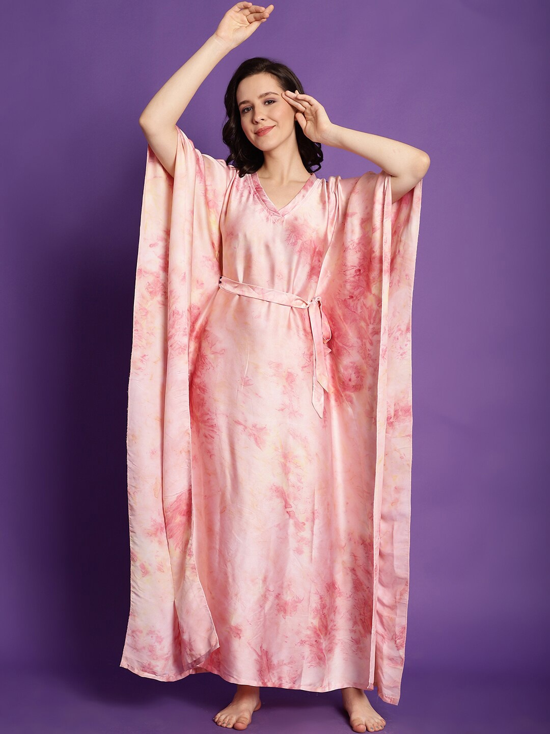

Claura Abstract Printed Satin kaftan Maxi Nightdress, Pink