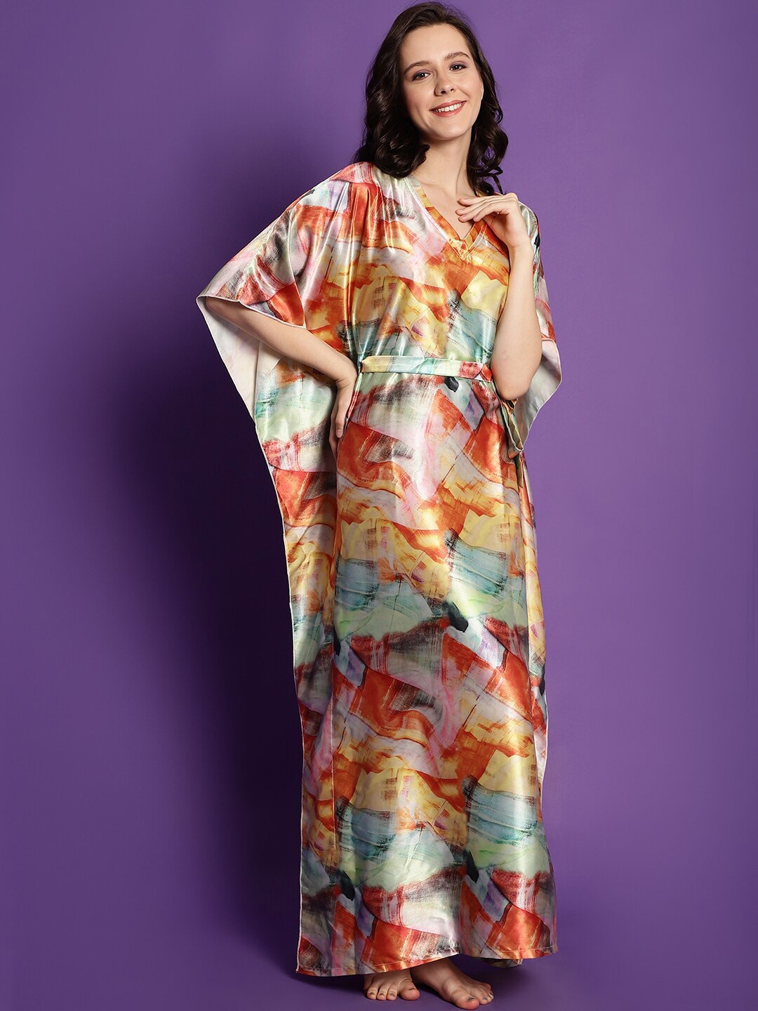 

Claura Abstract Printed Satin kaftan Maxi Nightdress, Red