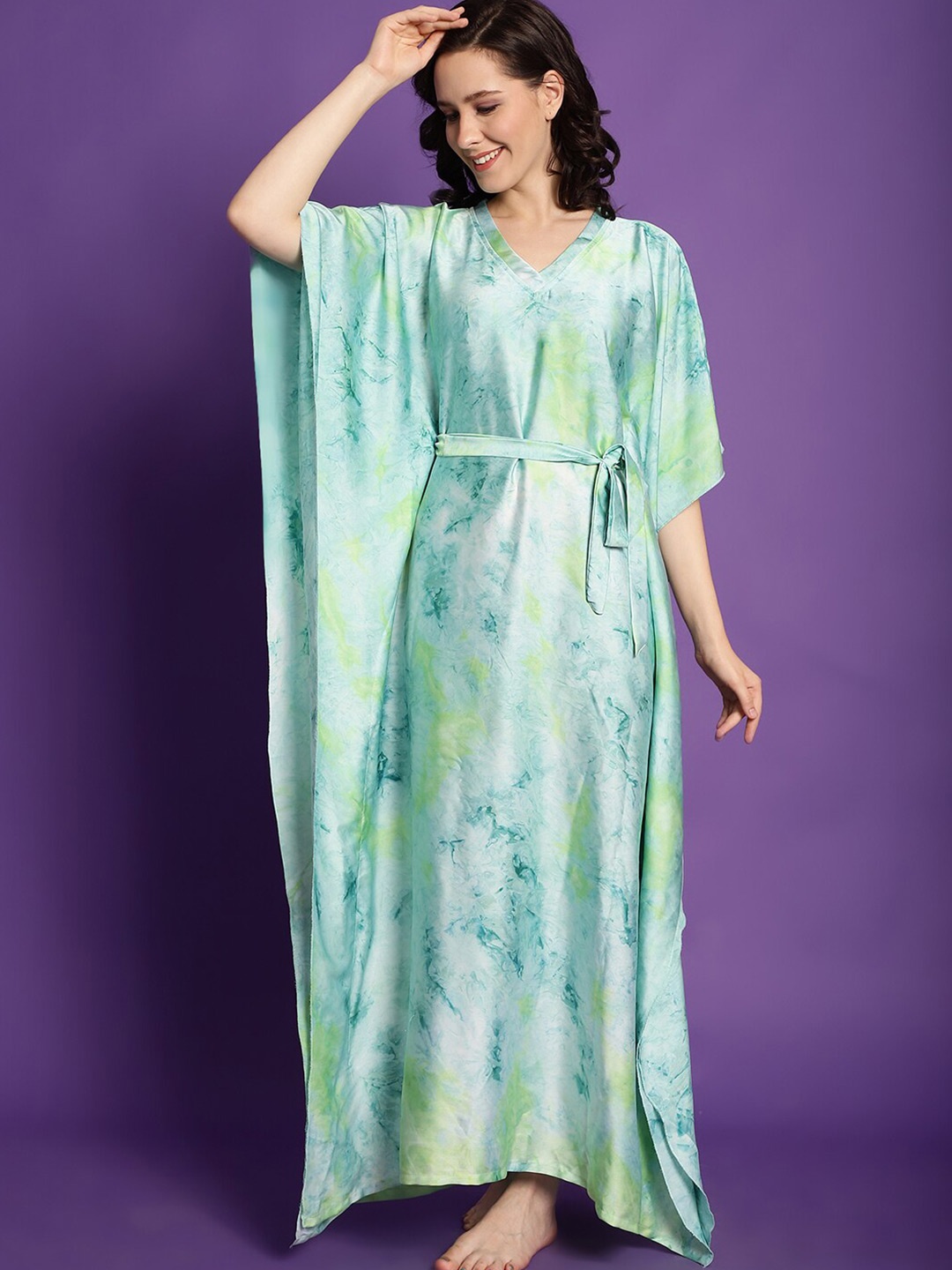 

Claura Abstract Printed Satin kaftan Maxi Nightdress, Sea green