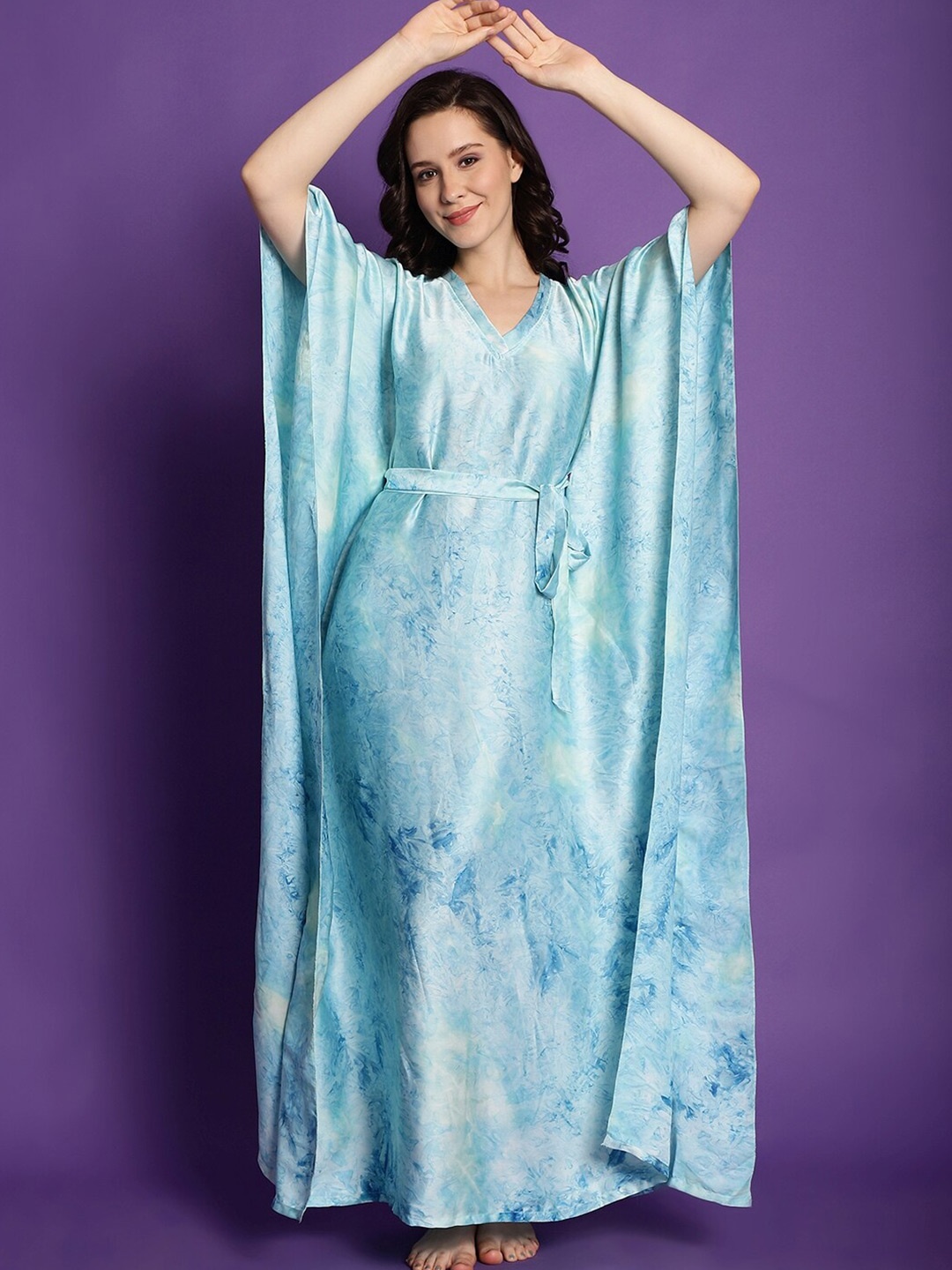 

Claura Abstract Printed Satin kaftan Maxi Nightdress, Turquoise blue