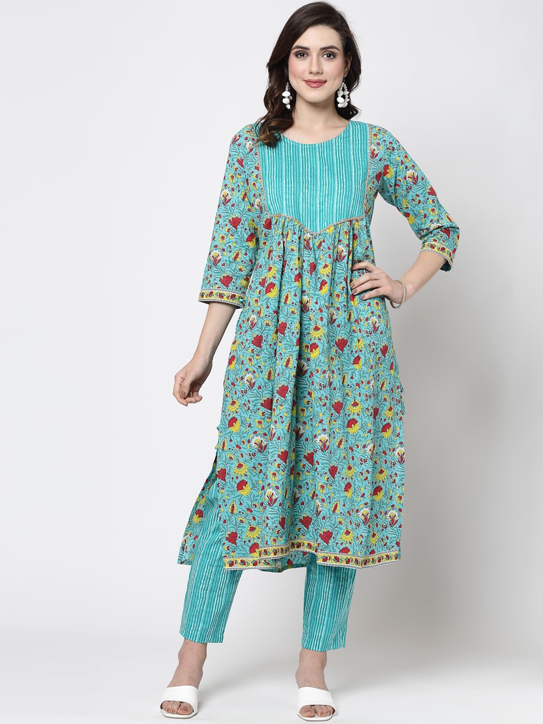 

KALINI Floral Printed Empire Zari Kurta with Trousers, Teal