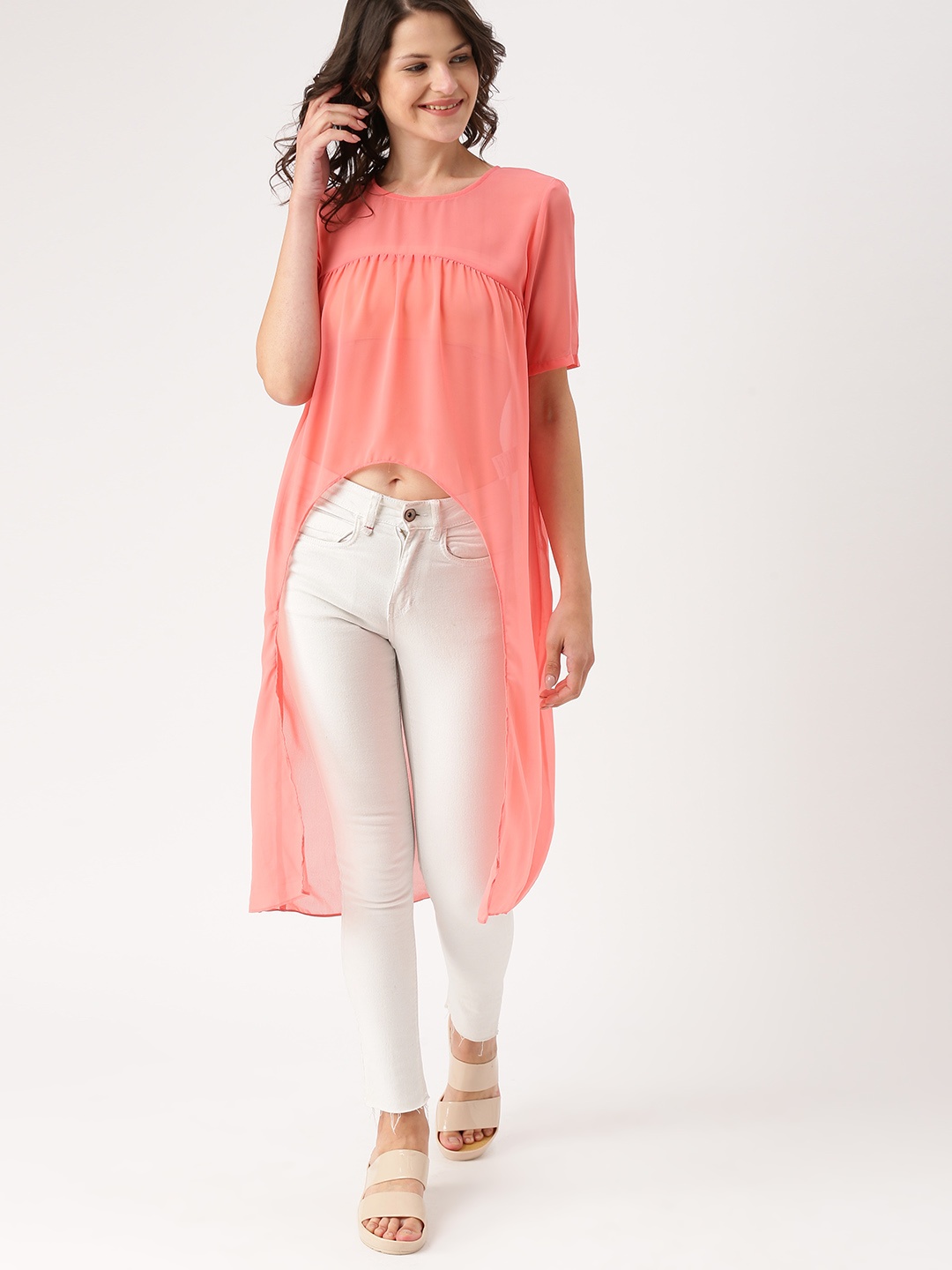

DressBerry Women Pink Solid Sheer Top